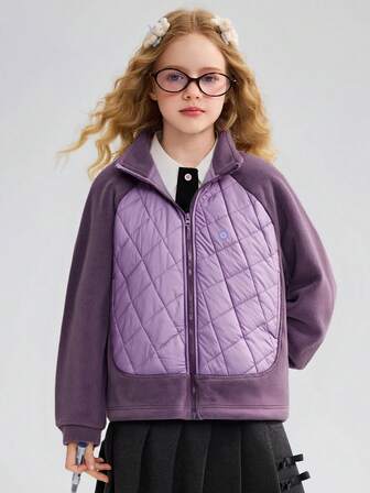  ASK JUNIOR Tween Girls Padded Jacket, Children's Winter Quilted Outerwear, Contrast Color Stand Collar Jacket For Big Girls