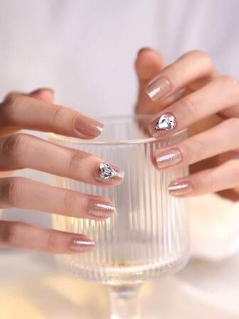 24片短款方形甜美钻石闪粉设计美甲贴片，附赠果冻胶和指甲锉