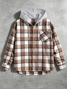 Men's Casual Fashionable College Style Plaid Hooded Shacket - Brown - View 2
