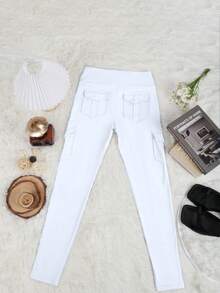High Waist Yoga Leggings With 4 Pockets,Tummy Control Workout Running Stretchy Cargo Pants - trắng - Xem 5