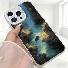 Cubierta de telefono con diseño de paisaje acuatico azul oscuro con barco y montanas para iPhone 14 Pro Max protector de pantalla resistente a golpes ideal para uso diario en cafeterias y viajes - Blanco - Ver 5