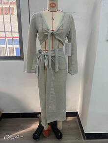 Women Swim Sexy Cute Casual Boho Vacation Outfits Clothes Swimwear Knit Crochet Beach Cover Up Dress Crop Cardigan Top And Long Warp Long Sleeve Front Tie Hollow Out Mesh Summer - Mint Green - View 1