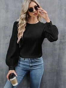 Blusa de cuello redondo con mangas de obispo, textura blanca a rayas, para mujeres en otoño y primavera - negro puro - Ver 2