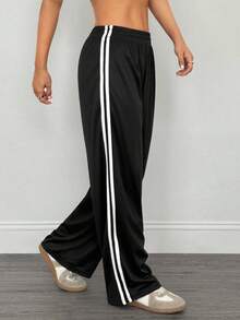 YZMJAFU 1pc Spring & Autumn Outdoor Sports Pants, Elastic Waistband, Dual White Side Stripe Design, Wide Leg, Loose Fit, Suitable For Walking And Outdoor Activities - Black - View 7