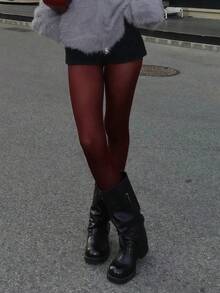 1双加大码女士超柔软纯色半透明连裤袜，尼龙高腰长袜 - 酒紅色 - 查看 8