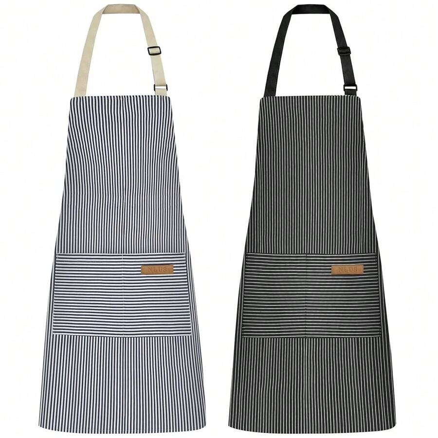 NLUS 2 Pcs Kitchen CooFKing Aprons, Poly/Cotton Blend Adjustable Soft Bib Stripe Aprons With 2 Pockets For Women Men Chef (Blue Pinstripes/Black Pinstripes),Blue/Black - 藍/黑 - 查看 1