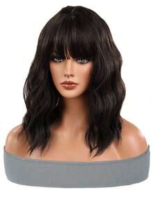16inch HAIR Natural Brown Synthetic Curly Wavy Bob Wig With Bangs For Women - 棕色 - 查看 5