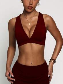 Women's Black Removable Padded Deep V-Neck Criss-Cross Strap Fashionable Sports Knit Bra - Burgundy - View 4