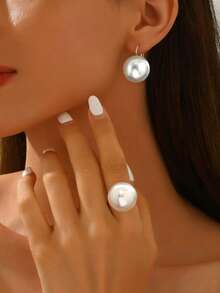 1 件简约珍珠开口戒指，银色时尚百搭可调节指环，适合女性日常、派对、度假穿着，是送给朋友和女友的时尚配饰礼物