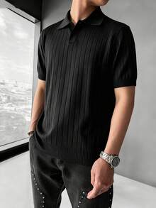 GRDR Men's Loose Thin Ribbed Polo Collar Knit Shirt, Short Sleeve, Summer - Dark Grey - View 2