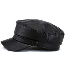 1 Piece Women's PU Leather Beret - High Quality, Adjustable Drawstring, Black With Button Detail, Hand Wash Only, Fashionable Navy Blue Hat Design - 軍綠色 - 查看 2