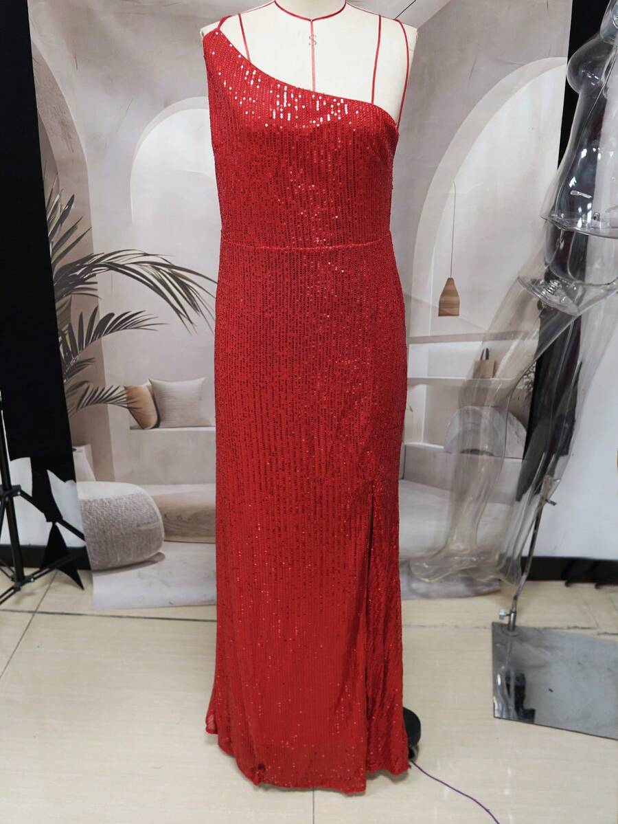 Women Sexy Sequin Crisscross Backless Split Bodycon Slip Dress, Suitable For Cocktail Party, Graduation Ceremony, Night Out - Red - View 1