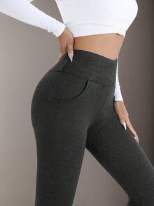 1条舒适保暖抓绒打底裤，休闲弹力口袋高腰全长打底裤，秋冬季