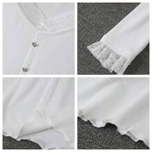 女士甜美蕾丝长袖修身V领打底衫，百搭白色上衣，适合秋冬季穿着 - 白色 - 查看 9