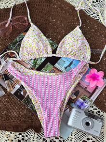 女士简约可爱碎花条纹爱心双面泳衣比基尼两件套 - 彩色 - 查看 4