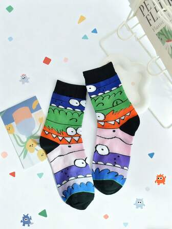 1双男女通用可爱怪兽图案柔软舒适百搭时尚中筒袜，适合室内外穿着，春秋季新品