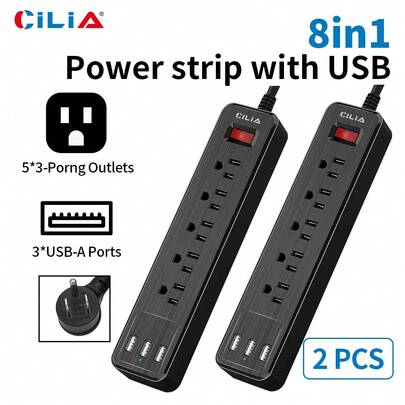 CILIA 1/2 件扁平插头电涌保护器电源板，6 个交流电源插座，5 英尺扁平编织延长线，宿舍必备，紧凑型桌面充电站壁挂式，适用于办公室、学校、宿舍