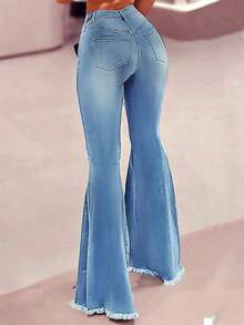 Women's Casual Distressed Raw Hem Flare Leg Jeans - Light Wash - View 4