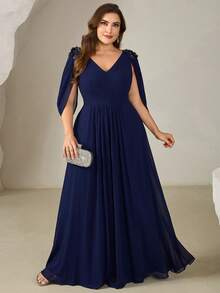 EVERPRETTY Plus Size V Neck Navy Long Formal Dress For Women With Half Petal Sleeves Vintage Glamorous Party Dress, Flattering Flared Hem Evening Dresses - Navy Blue - View 2