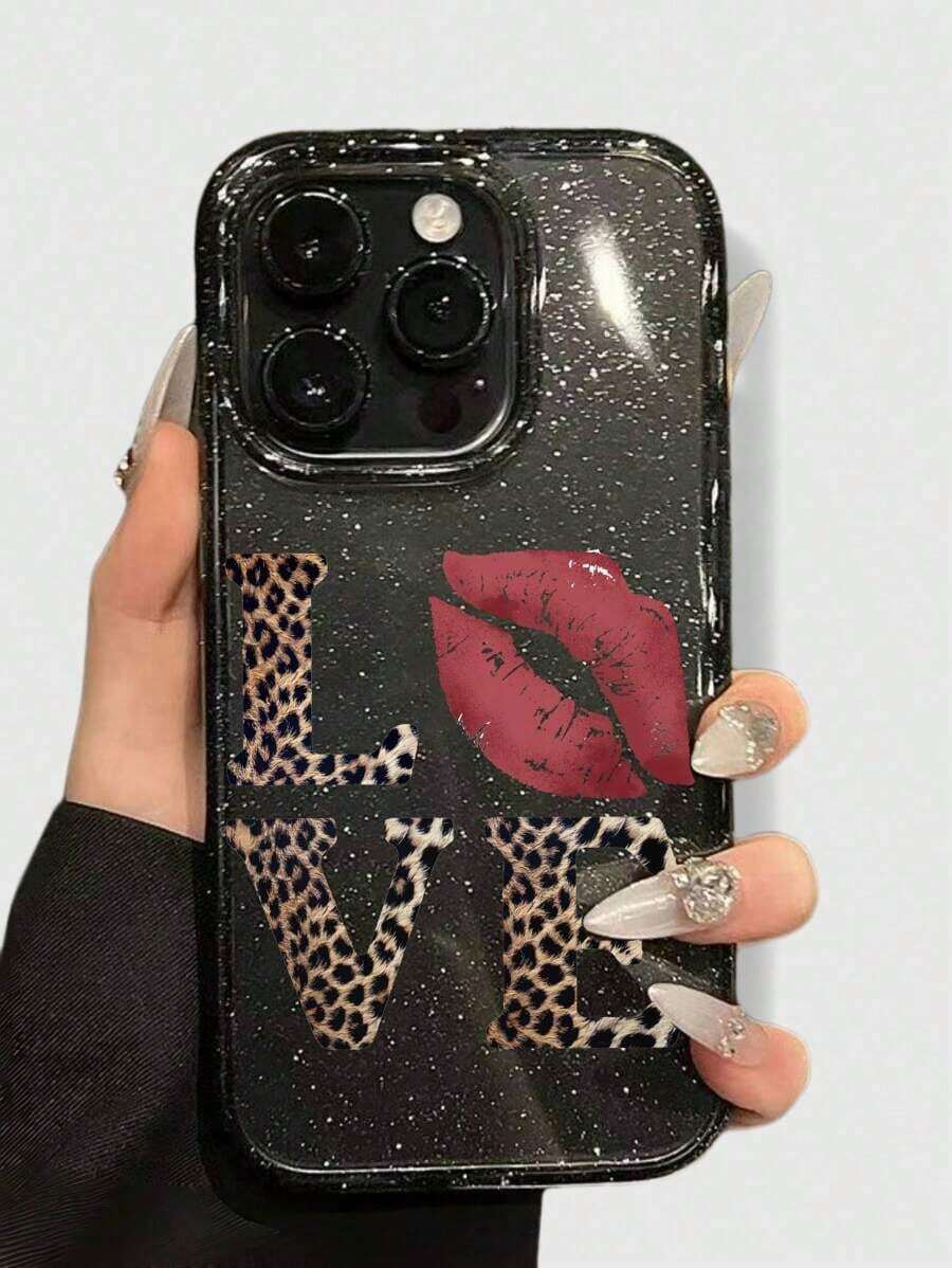 ROMWE Grunge Punk 1pc Leopard Print Love Pattern Glitter Transparent Phone Compatible With - 彩色 - 查看 1