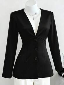 Women's Solid Color Long Sleeve V-Neck Button Casual Black Blazer Dress, Autumn/Winter - الأسود - مشاهدة 4