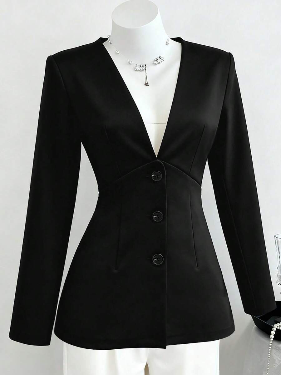 Women's Solid Color Long Sleeve V-Neck Button Casual Black Blazer Dress, Autumn/Winter - Black - View 1