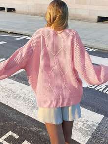 Plus Size Women's Solid Color Long Sleeve Knit Sweater, Crew Neck Thick Knit Warm Pullover Sweater For Autumn/Winter, Suitable For Casual Daily Wear, Also Can Be A Gift For Christmas, New Year, Valentine's Day Pink - Pink - View 4