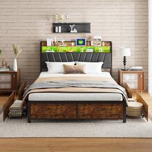 Caluself Double Bed 140/160/180 X 200 Cm, Bed Frame Made Of Steel And Wood With 4 Drawers Under The Bed, Bed With Metal Slatted Base, Upholstered Bed With Storage Space, Youth Bed With Headboard, Headboard With Storage Compartments, Without Mattress - 黑色 - 查看 1