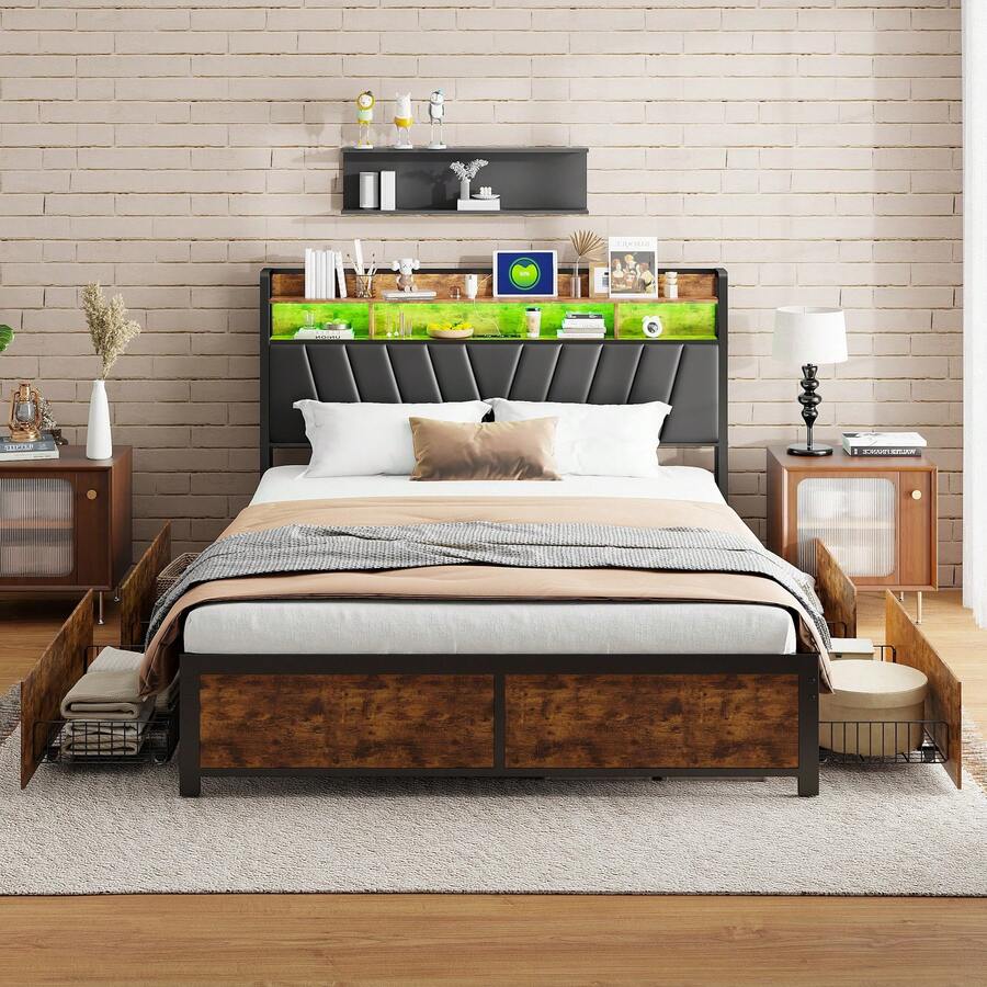 Caluself Double Bed 140/160/180 X 200 Cm, Bed Frame Made Of Steel And Wood With 4 Drawers Under The Bed, Bed With Metal Slatted Base, Upholstered Bed With Storage Space, Youth Bed With Headboard, Headboard With Storage Compartments, Without Mattress - 黑色 - 查看 1