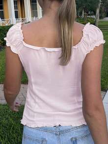 Women's Summer Scoop Neck Tops Cap Sleeve Button Ruffle Trim Solid Color/Striped Shirt - Pink - View 7