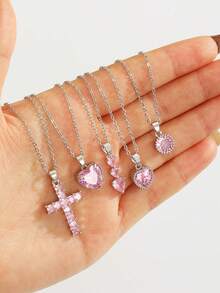 5款甜美精致闪亮密镶粉色锆石蝴蝶结/花朵/心形/星球/十字架吊坠项链，女孩优雅时尚锁骨链项链，四季皆宜 - 銀色 - 查看 4