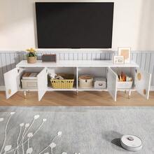 TV Stand With A Lattice Structure, Concealed Handles, And Gold Trim. Living Room Furniture. Two Solid Wood Doors. - White - View 5