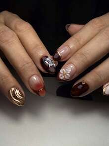 24片短椭圆形3D豹纹法式美甲贴纸，饰有3D花朵、金色珍珠和渐变设计，完美适配亚克力美甲套装，包含1瓶果冻胶和1把指甲锉，适合女孩日常或派对使用。 - 彩色 - 查看 3