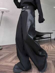 Wearing Leather Pants On The High Street, Men's Niche Autumn And Winter 2025 New Wide Leg Pants Designer Spliced Leather Casual Patchwork Pants - màu đen - Xem 4