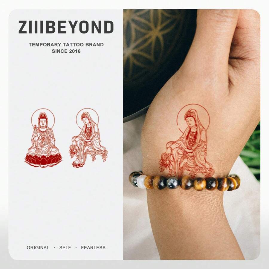 1张观音印章纹身贴纸。印章图案防水持久。这款中式香水纹身贴纸（手臂款）防汗且不反光。 - 彩色 - 查看 1