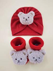 2件套新生儿冬季卡通发带帽+袜子套装，0-6个月宝宝高弹力帽子，柔软包裹帽和加厚袜子组合婴儿头饰套装 - 彩色 - 查看 2