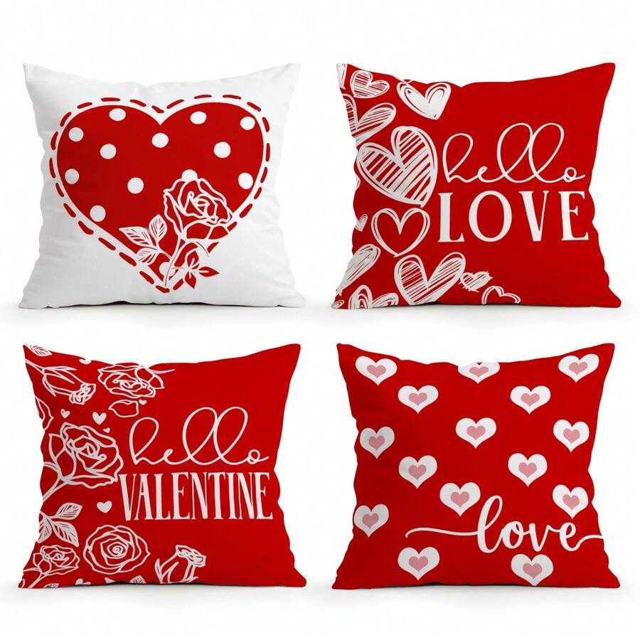 4pcs Valentine's Day Red & White Heart Pattern Pillow Cover, Single-Sided Printed Cushion Cover, Suitable For Living Room, Bedroom, Home Decor, All Season