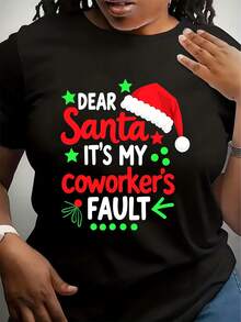 Women Round Neck T Shirt Dear Santa Its My Coworkers Fault Christmas Print Short Sleeve Holiday Party Gift Top - 黑色 - 查看 1