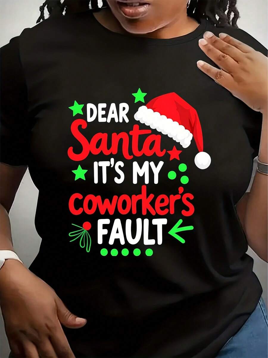Women Round Neck T Shirt Dear Santa Its My Coworkers Fault Christmas Print Short Sleeve Holiday Party Gift Top - 黑色 - 查看 1