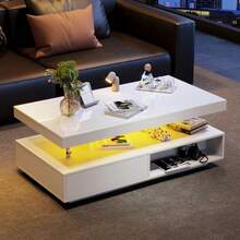 White High-Gloss Coffee Table 95x50x42.5 Cm - With 4 Glass Shelves, 2 Drawers And 2 Open Compartments, Living Room Cabinet, Coffee Table - White - View 3