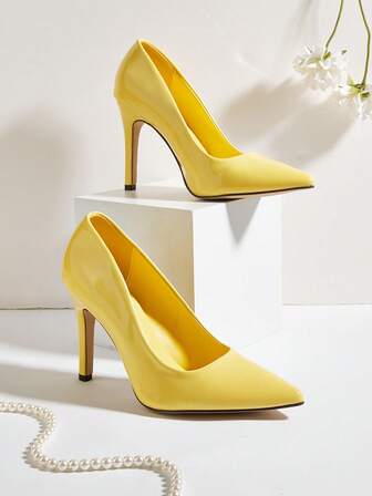 Yellow PU Leather Pointed Toe Elegant Women's Stiletto High Heel Shoes, Suitable For Daily Wear, Party, Comfortable Ladies High Heels