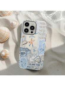Ocean Beachy Coconut Girl Collage Phone Case – Tropical Seashell Summer Design, Blue Coastal Coquette Preppy Style, For Phone, Suitable For IPhone 17 Air, IPhone16/IPhone15/XR/7p8p/P12promax/P13promax/P14PROMAX/P13/P14/P11/P12/P14, XS/S/XSMAX/, Cute & Fashionable Thick Protective Cover - 白色 - 查看 1