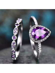 2 件套韩式仿钻戒指，紫钻和 3D 玫瑰花图案情侣戒指，订婚/结婚戒指，母亲节礼物