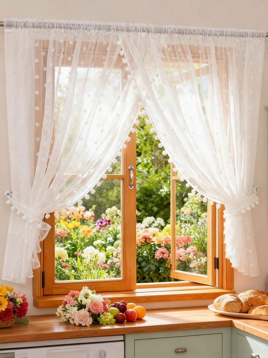 1pc White Pom-Poms Embroidery Sheer Curtain- 3D Pompoms Embroidered Pattern, White Soft Linen Fabric, All In One Piece Design,Princess Style Sheer Curtain For Dining Room Bedroom Hall Way Kitchen Rod Pocket Top