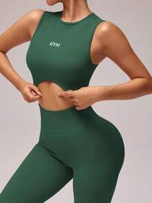 2 Pc Yoga Basic Women Solid Color Round Neck Cropped Tank Top And Leggings Athleisure Set - màu xanh lá - Xem 3