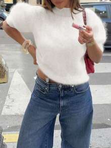 FOR BEAUTY Women's Spring And Autumn New Round Neck Half Sleeve Head Top Women's Commuting Casual Lazy Style Knitted Sweater Loose Daily Versatile Solid Color Sweater New Year - 白色 - 查看 5