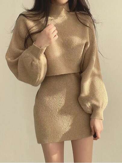 两件套：法式针织吊带连衣裙+高领短款毛衣，冬季