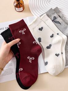 4 Pairs Women's Mid-Calf Socks With Bow And Heart Patterns, Vintage Style Socks Suitable For All Seasons, Essential For Autumn, Comfortable And Warm - Multicolor - View 13
