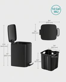 Kitchen Bin, 1.6-Gallon (6 L) Trash Bin, Steel Pedal Bin, With Inner Bucket, Soft Close And Stays Open, Ink Black - Black - View 5
