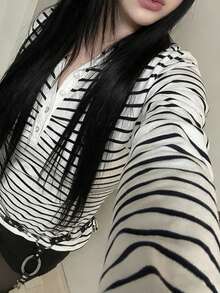 韩版条纹Polo领长袖修身休闲宽松T恤 - 黑與白 - 查看 3